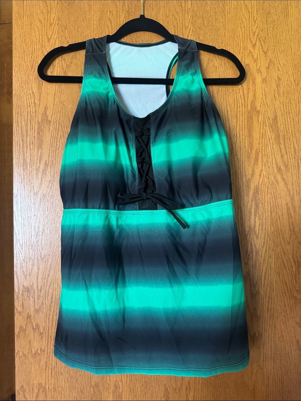Striped Teal and Black Lace-Up Razorback Tankini with built-in bra.